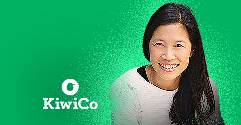 Sandra Lin and KiwiCo logo on green textured background