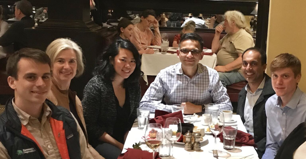 Trevor Martin, Jennifer Doudna, Janice Chen, Ursheet Parikh, Maneesh Jain and Lucas Harrington at dinner