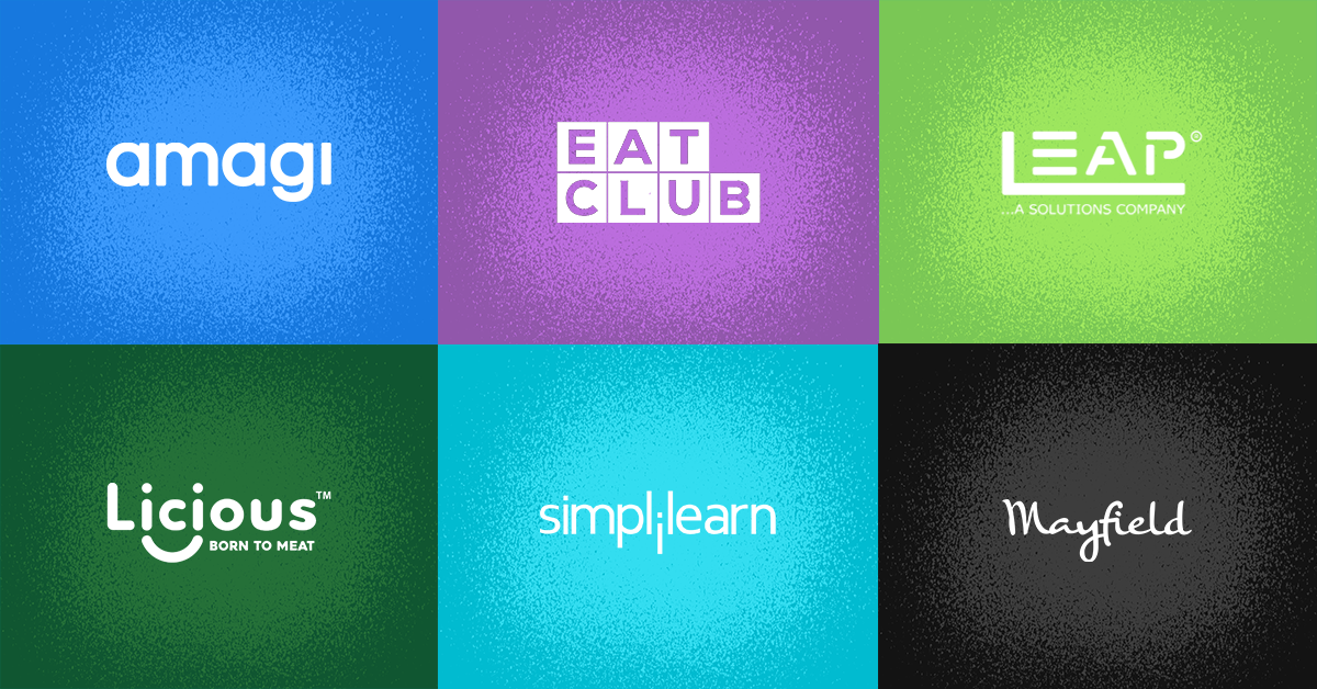 Amagi, EatClub, Leap, Licious, Simplilearn and Mayfield logos displayed on colorful background