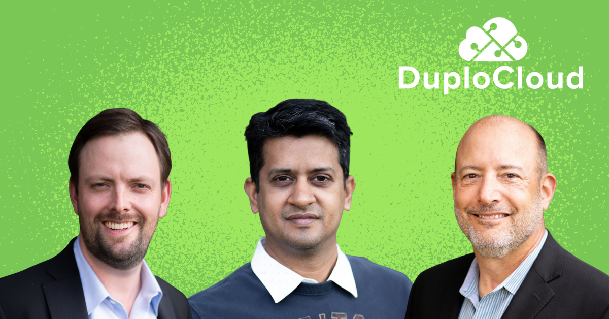 DuploCloud founders and logo against a light green background.